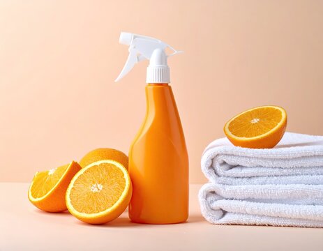 Orange cleaning spray bottle next to fresh oranges and white towels