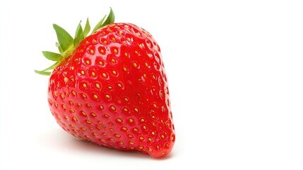 A ripe strawberry sits isolated on a pure white background, showcasing its vibrant color and freshness.