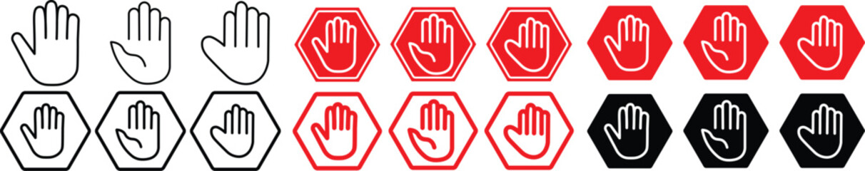 Obraz premium Red and black stop sign with hand icon set. hand icon symbol, vector illustration 