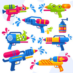 Collection of Colorful Cartoon Water Guns and Squirt Toys Splashing Water.