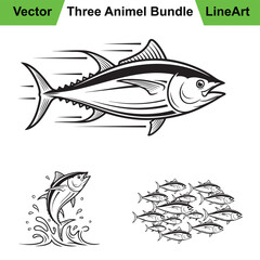 Collection of Tuna Illustrations in Three Distinct Line Art Poses