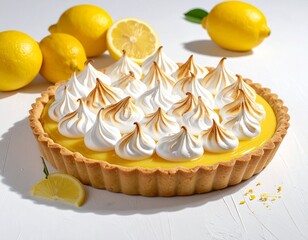 Lemon Meringue Pie with Golden Crust and Toasted Peaks Surrounded by Fresh Lemons
