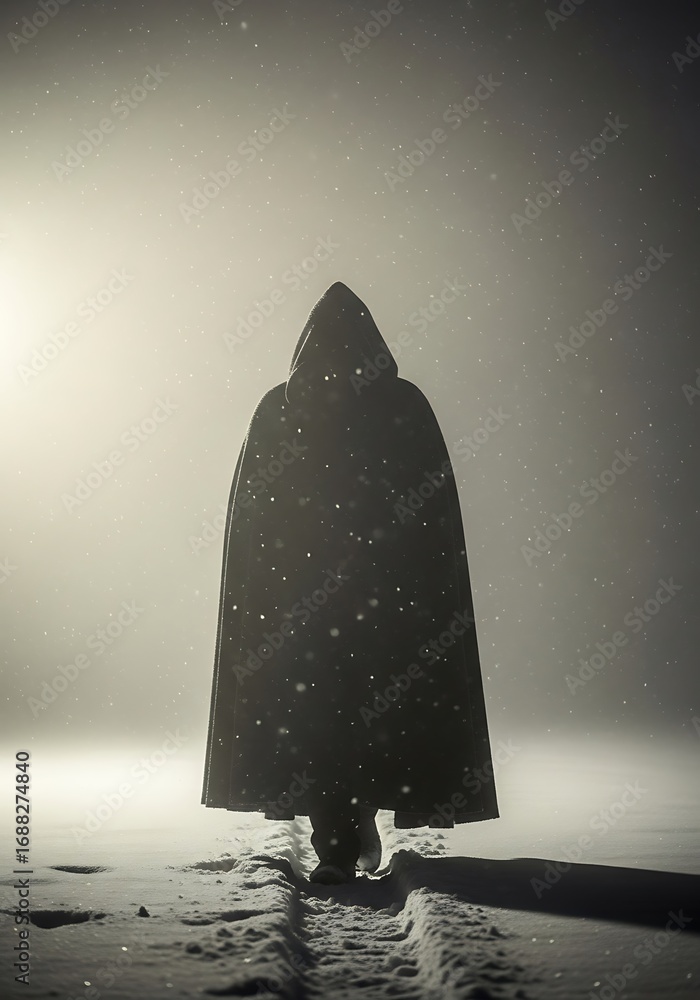 Poster a solitary figure shrouded in a dark cloak walks a snowy path under a softly illuminated sky, creati