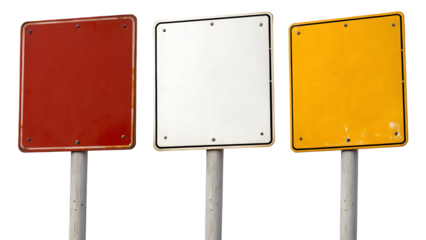 Blank red white yellow road signs on metal pole isolated on black background for your advertisement