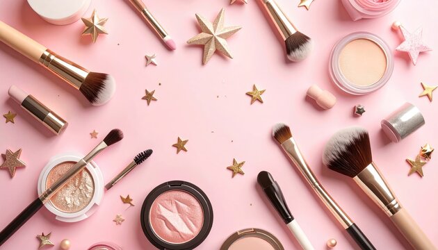 Flat lay of makeup products and festive decorations.  Pink cosmetic items, brushes, and compact powders are arranged artfully on a pink background dotted with gold star decorations