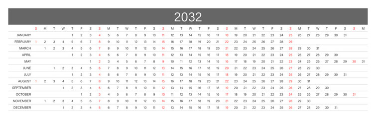 2032 Linear Calendar. Replaceable Text. One line calendar template