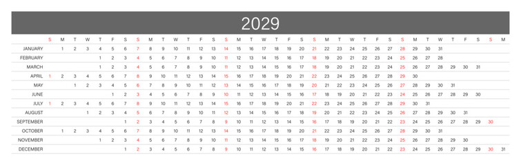 2029 Linear Calendar. Replaceable Text. One line calendar template
