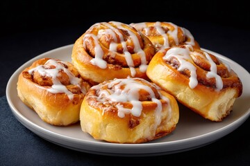 Freshly baked cinnamon rolls dripping with icing are served on a plate