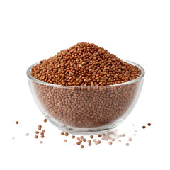 Abundant red millet seeds overflow clear glass bowl, showcasing healthy grain goodness for cooking and nutrition.