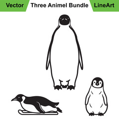 Three Dynamic Penguin Poses in a Graceful Vector Line Art Style