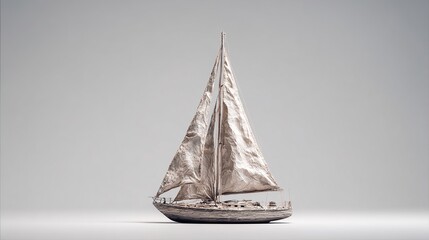 A light beige sailboat model against a neutral backdrop