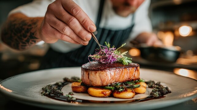 A professional chef plating a gourmet steak on a white plate