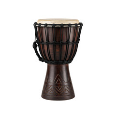 Authentic wooden djembe drum with intricate carvings, ready for vibrant world music performance