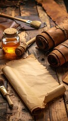 Leather crafting supplies on rustic wood.  Honey jar, leather rolls, paper scroll, brushes
