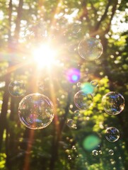Soap bubbles floating in forest sunlight beams
