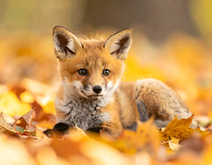 Obraz premium A young red fox kit rests amongst fallen autumn leaves, looking directly at the viewer with a curious expression.