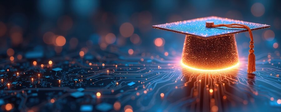 Graduation cap glows on digital circuit board. Represents e-learning, AI personalized courses, remote study, skill development, and modern training technologies for education.
