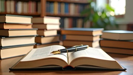 Open book and pen in library