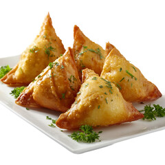  Samosas Indian Dish On White Plate on a white background