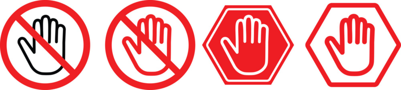 Red stop hand block octagon sign or Adblock or do not enter or forbidden icon. Red and black stop sign with hand icon set
