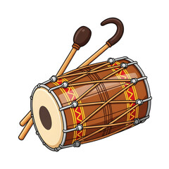 Illustrated Dhol Drum with Two Sticks Indian Percussion Instrument.