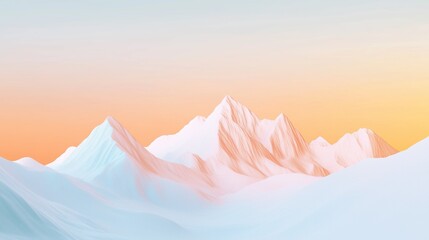 Glowing snow-covered mountains with pastel gradients against an orange sky, minimalist design emphasizing peak shapes and textures with luminous depth for serene and tranquil creative projects