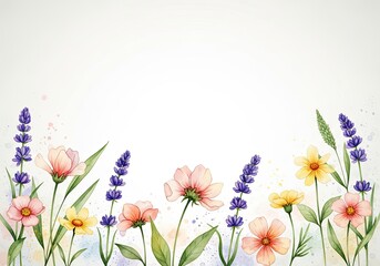 Watercolor Wildflower Garden Border, Pink, Yellow, Violet Flowers with Green Leaves