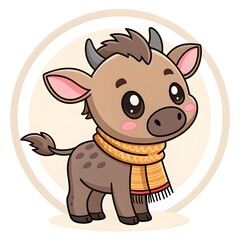 Adorable Baby Wildebeest Calf Wearing A Sprinkle Scarf In Cute Chibi Cartoon Style, Kawaii African Animal Illustration With Sparkly Eyes, Pastel Colors, And Playful Sweet Charm