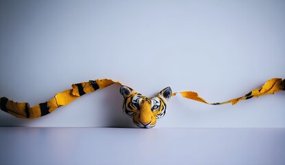 Ripped yellow fabric tiger head against white background