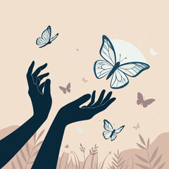 Elegant illustration of hands reaching for flying butterflies.