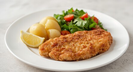 Crispy Cutlet Delight With Boiled Potatoes, Fresh Greens, and a Zesty Lemon Slice.