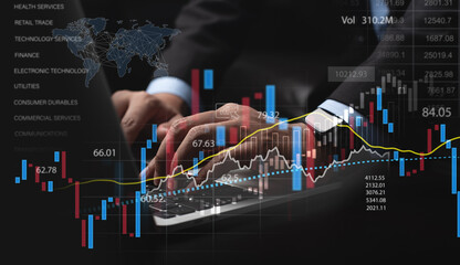 Business analysis, trading concept, Businessman, finance analyst using digital tablet, analyzing financial graph, stock market report, economic graph growth chart, business and technology background