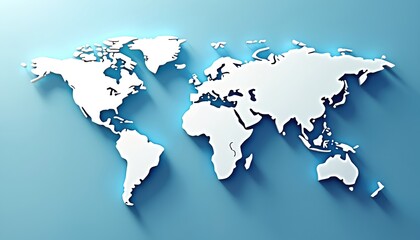 Fototapeta premium White world map illustration with blue background, showing continents and countries with 3D effect. Global projection covers continents including Americas, Europe, Asia, Africa, and Australia.