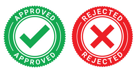 Two circular rubber stamps side by side one green with a checkmark and the word approved and the other red with an x and the word rejected representing decision making and options