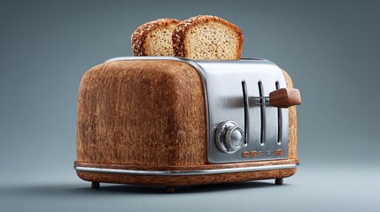 Vintage toaster with two slices of toasted bread.  A retro-style, wooden-cased toaster, angled, showcasing two toasted bread slices.  Chrome accents and a 