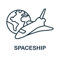 Outline depicts a spaceship flying past Earth. Editable stroke. Vector icon illustration