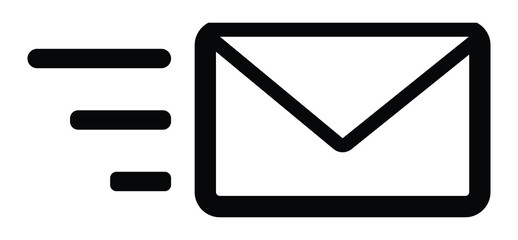 Simple black and white outline icon representing a fast email or message being sent with motion lines indicating speed and delivery