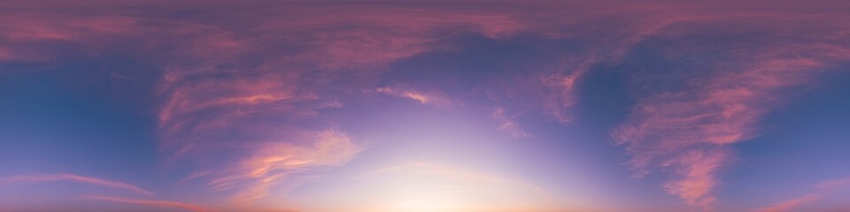 Sunset sky with bright glowing pink Cirrus clouds. Seamless spherical HDR 360 panorama. Full zenith or sky dome in 3D, sky replacement for aerial drone panoramas. Climate and weather change.