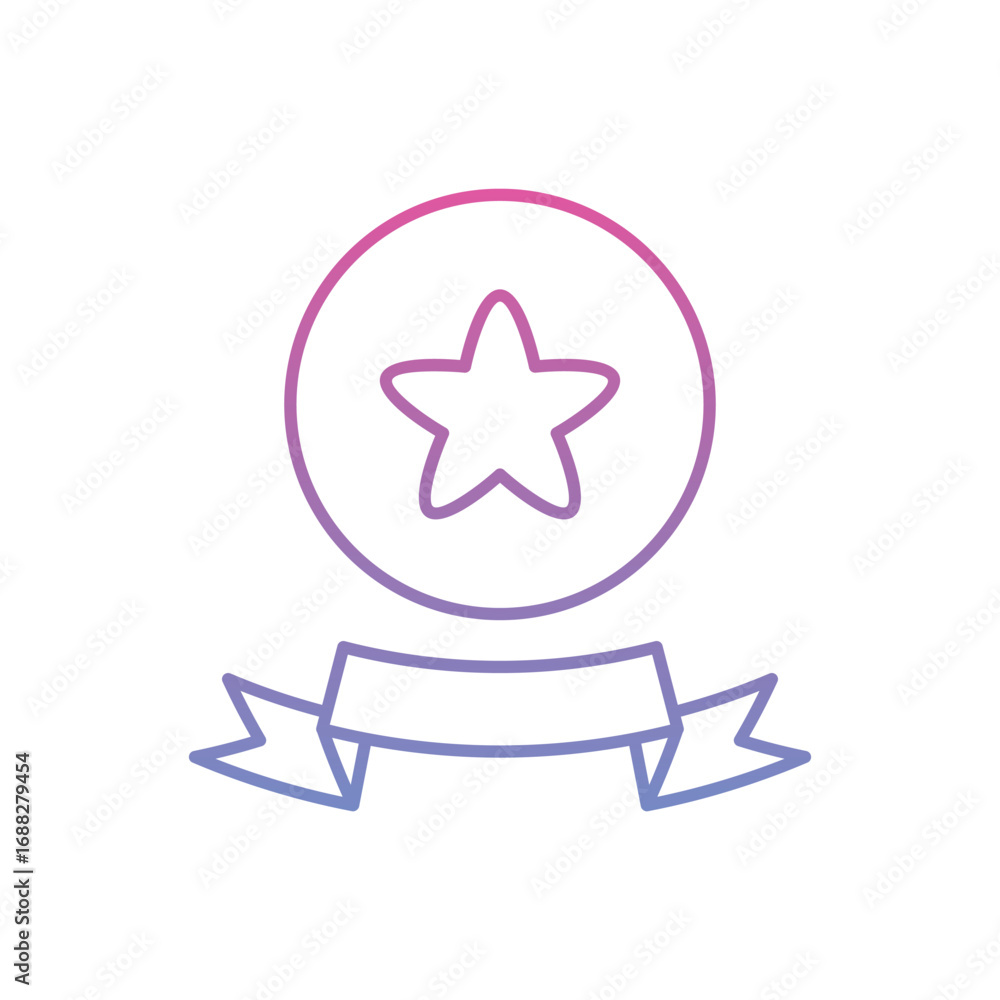 Poster outline of a star in a circle above a ribbon gradient from pink to blue. editable stroke. vector ico