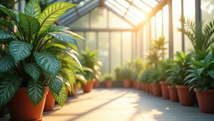 Fototapeta premium Sunlit greenhouse interior showcasing lush potted foliage, terracotta pots, glass roof, and sunbeams casting shadows on the floor