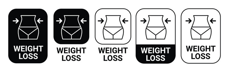 Weight loss icon set. Slim and diet health care services. Weight loss logo, label, badge, symbol, banner, line, flat vector, isolated illustration. Weight loss label for product packaging design.