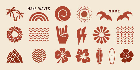 Collection of boho style tropical and summer icons with palm trees sun rainbow waves and surfboards © Piku