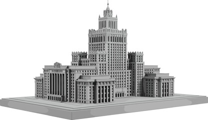 Naklejka premium Neoclassical Monumental Building 3D Model with Central Tower, Architectural Visualization of Historic Structure, Palace-Inspired Urban Design Concept