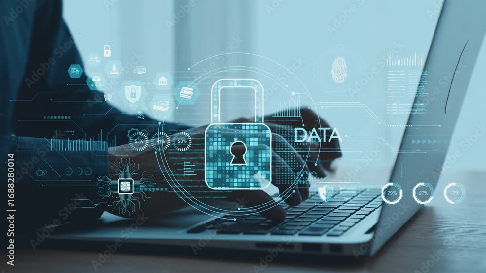 Poster an illustration of modern digital security, featuring a laptop with hands in motion, highlighted by 