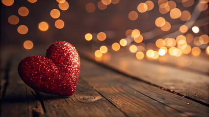 Sparkling red heart on wooden surface with bokeh lights romantic love celebration concept