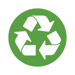 Obraz premium A simple white recycling symbol with three chasing arrows is prominently displayed within a solid green circle representing environmental sustainability and ecological responsibility