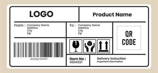 Clean and modern shipping label design with barcode qr code product name logo placeholder and shipping symbols for logistics and e commerce packaging