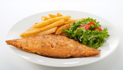 Culinary Composition. Fish Fillet, Golden Fries, and Fresh Greens on a White Plate.