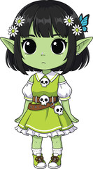 Cartoon Fantasy Girl Character with Green Skin, Skull Belt, Daisy Hair, Butterfly Accent, Elf-Inspired Design for Kids or Halloween