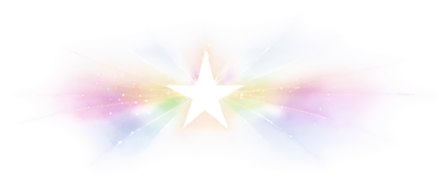 Bright starburst lens flare with colorful light streaks emanating from a central point on a black background